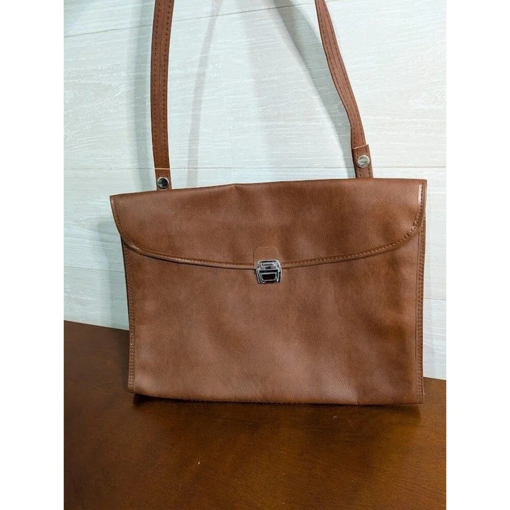 VINTAGE Brown Faux Leather Tablet Case Document Carrier Folio Slim Briefcase